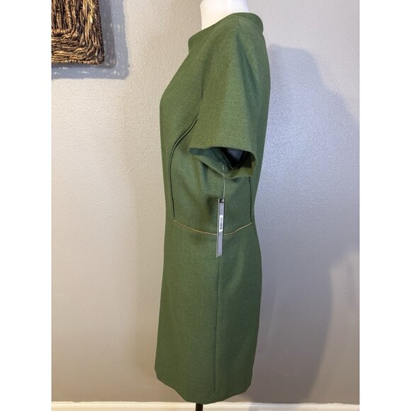 Tahari Dress 18 Green Mock Neck Gold Zipper Trim Short Sleeve Career Church NEW - Picture 7 of 11